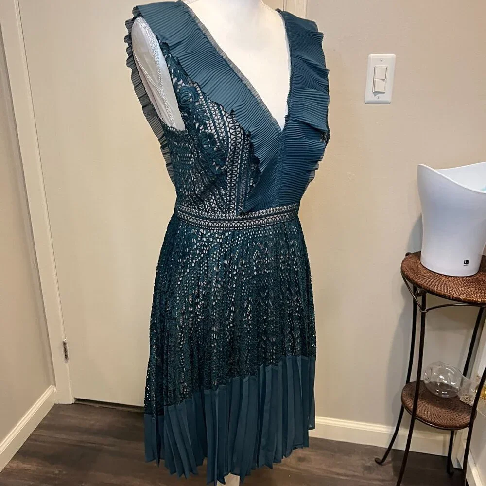French Connection Teal Orabelle Lace Fit & Flare Ruffle Midi Dress, Size 6